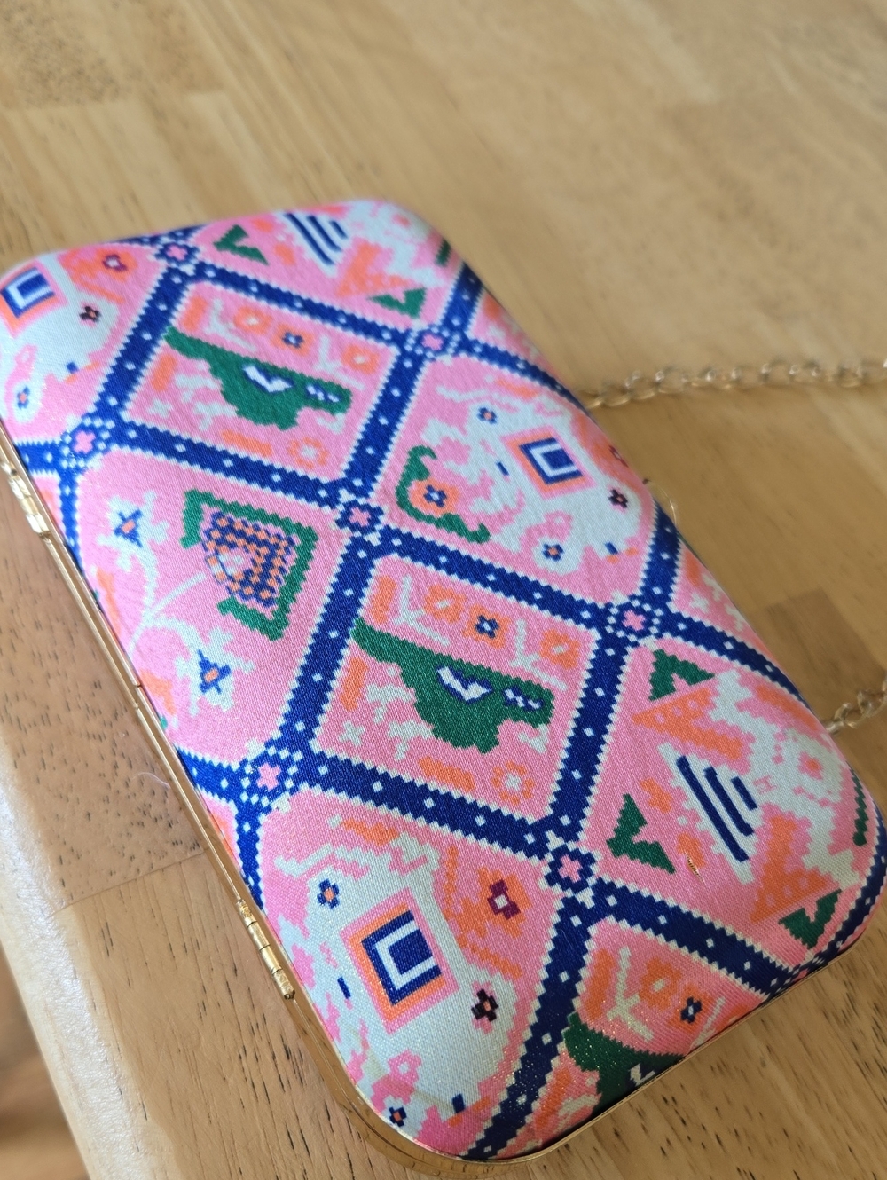 Boho Ethnic Geometric Print Elephant Hard Box Clutch Minaudière Crossbody - Picture 2 of 10